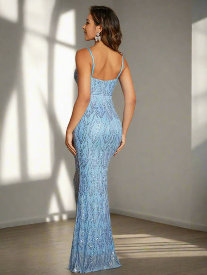 Plunging V-Neck Sequin Formal Gown
