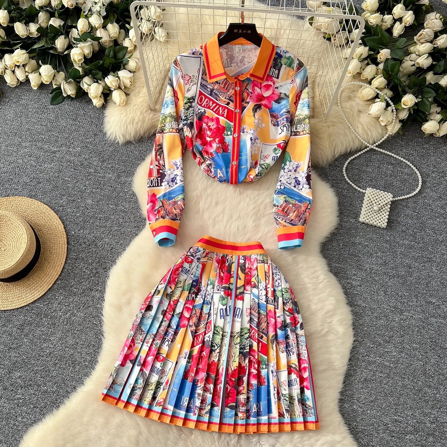 Printed Knit Zip Up Skirt Set