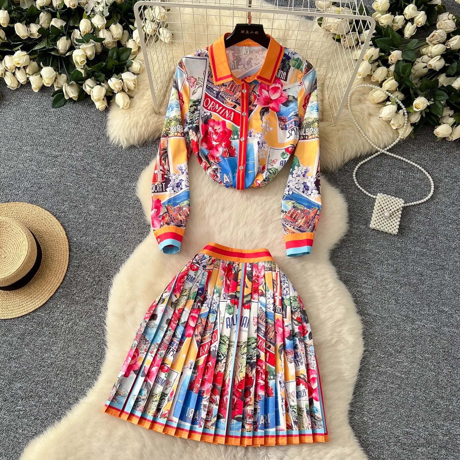 Printed Knit Zip Up Skirt Set