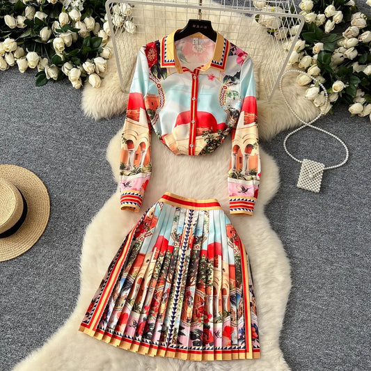 Printed Knit Zip Up Skirt Set