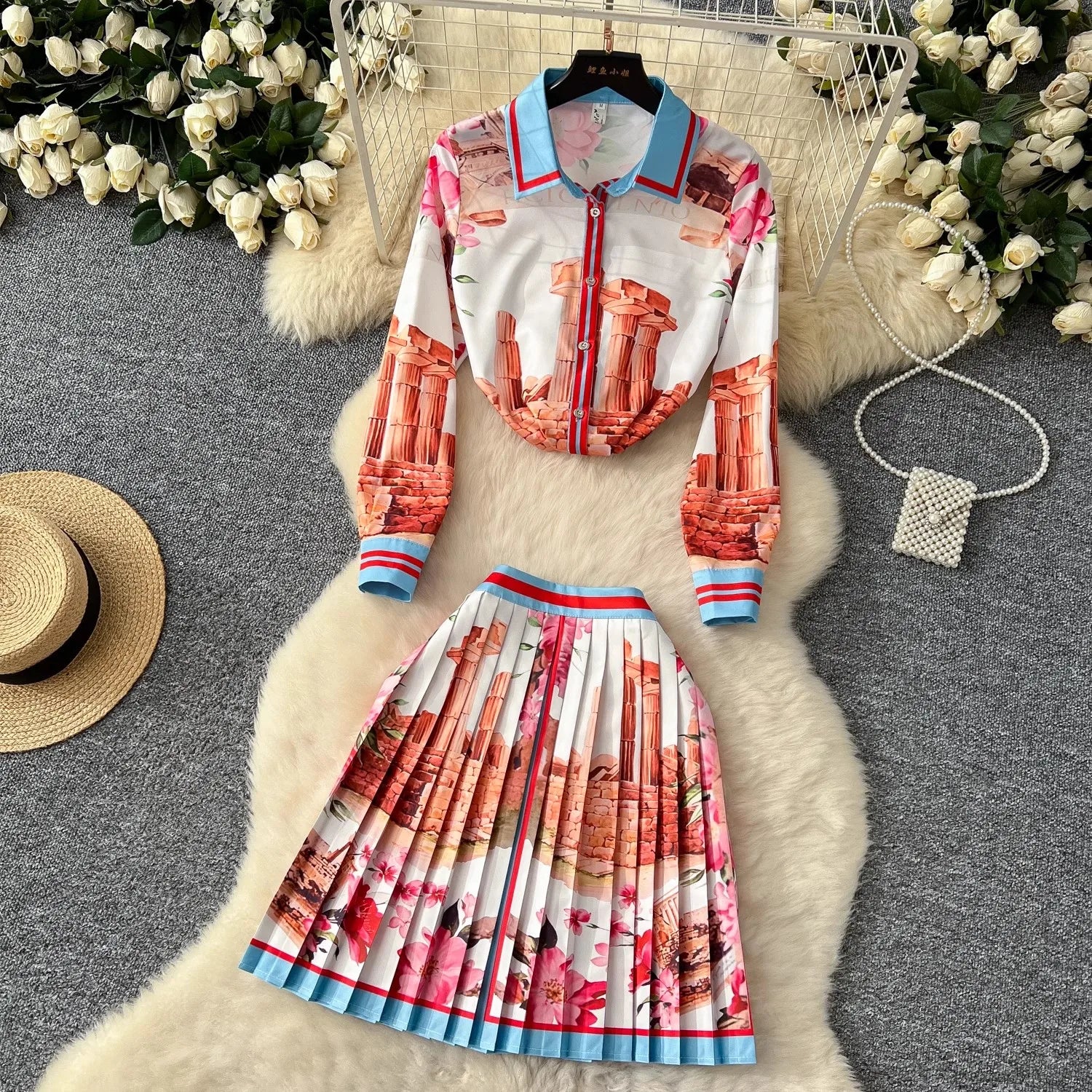 Printed Knit Zip Up Skirt Set