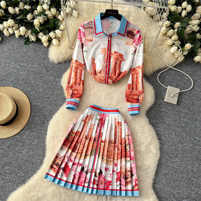 Printed Knit Zip Up Skirt Set