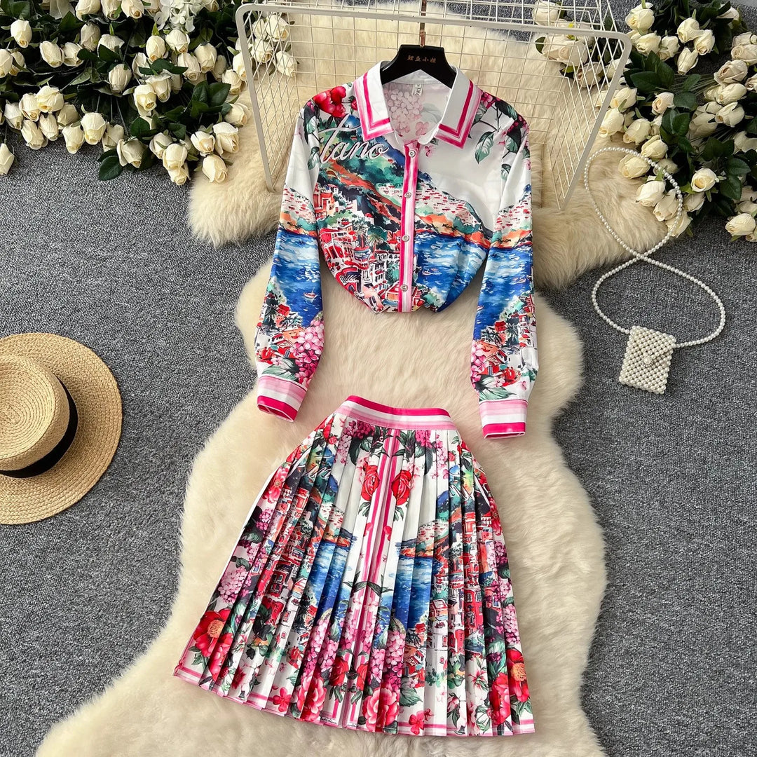 Printed Knit Zip Up Skirt Set