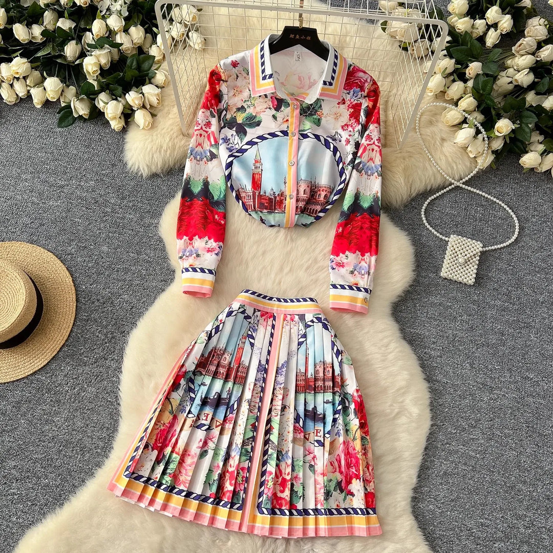 Printed Knit Zip Up Skirt Set