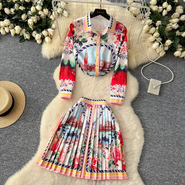 Printed Knit Zip Up Skirt Set