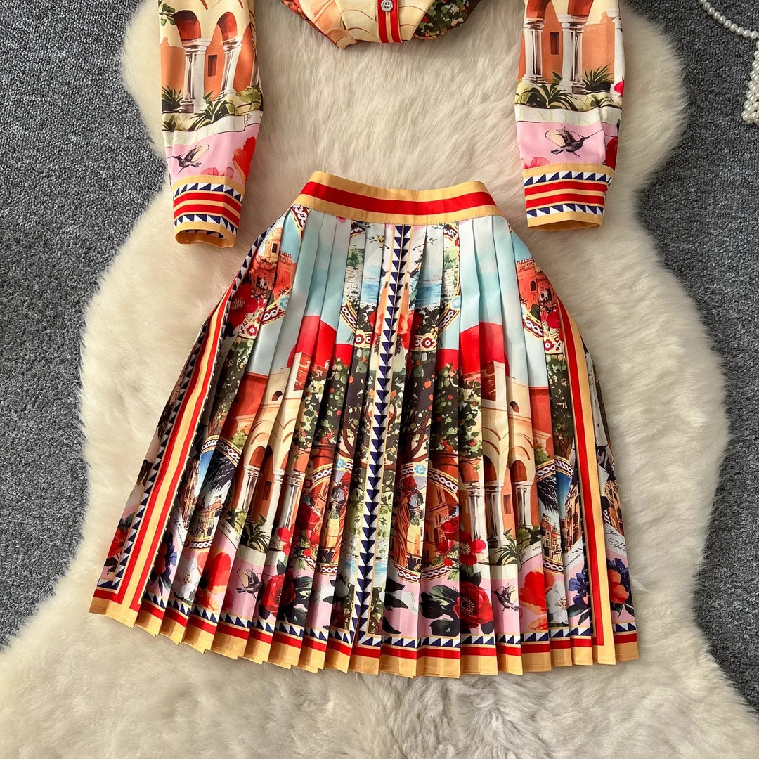 Printed Knit Zip Up Skirt Set
