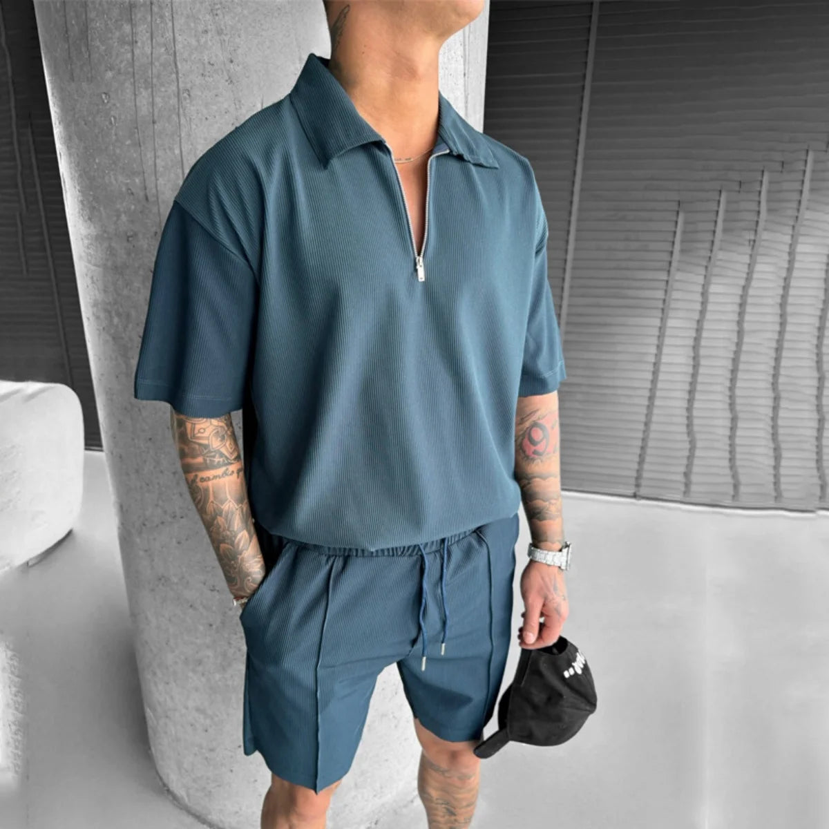 Quarter Zip Polo Shorts Set