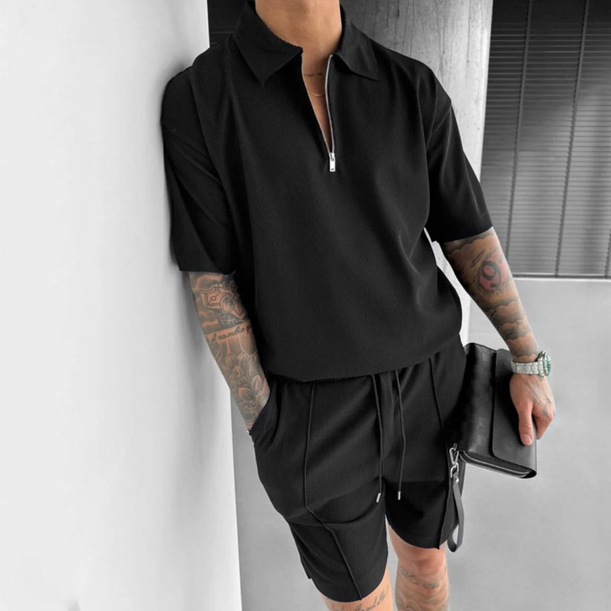 Quarter Zip Polo Shorts Set