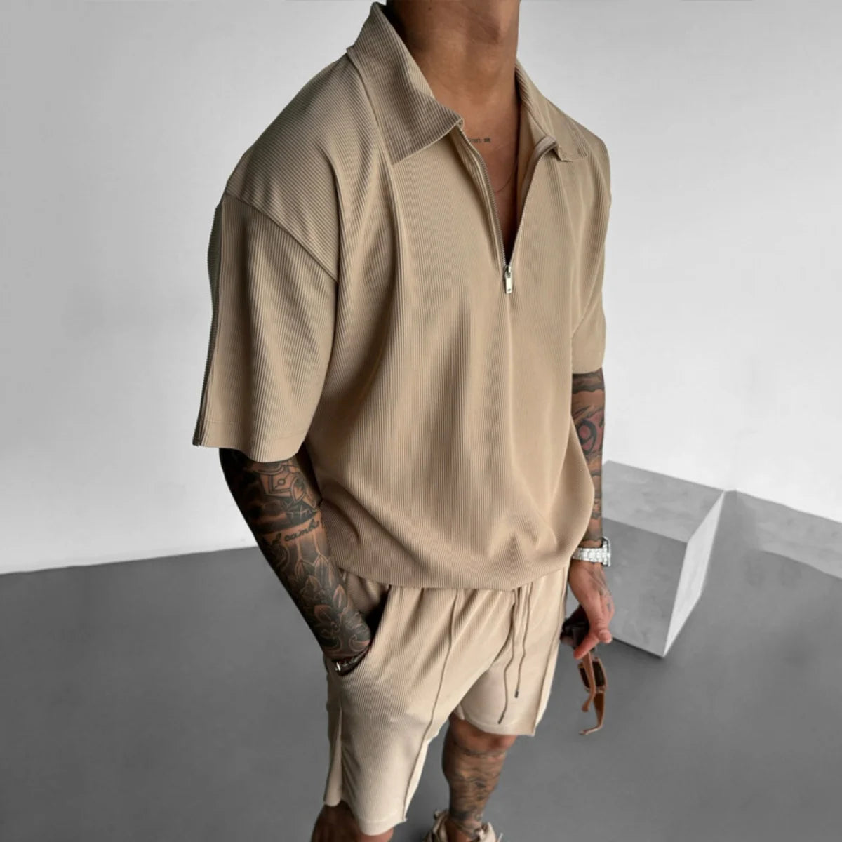 Quarter Zip Polo Shorts Set