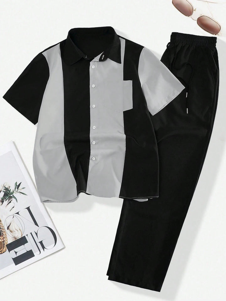 Retro Color Block Bowling Shirt Set