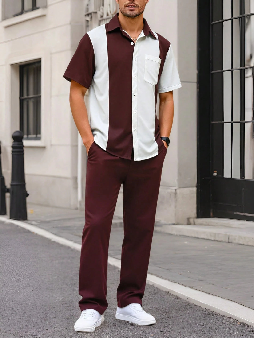 Retro Color Block Bowling Shirt Set