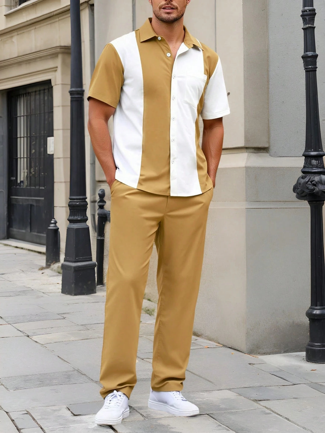 Retro Color Block Bowling Shirt Set