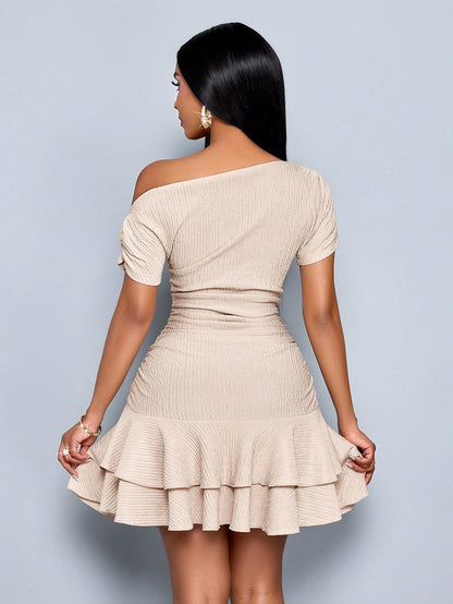 Ruched One Shoulder Ruffle Dress