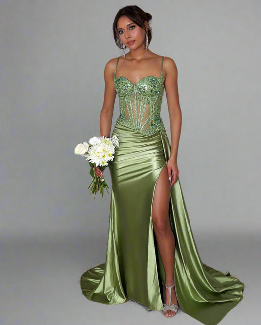 Satin Corset Gown with High Slit