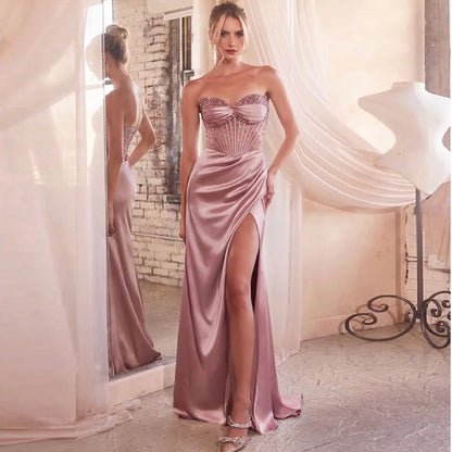 Satin Corset Slit Evening Gown