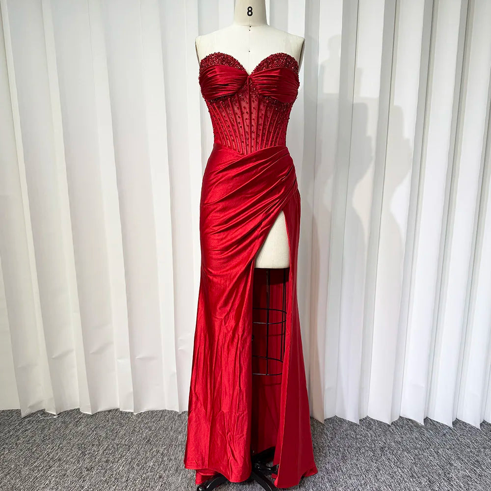 Satin Corset Slit Evening Gown