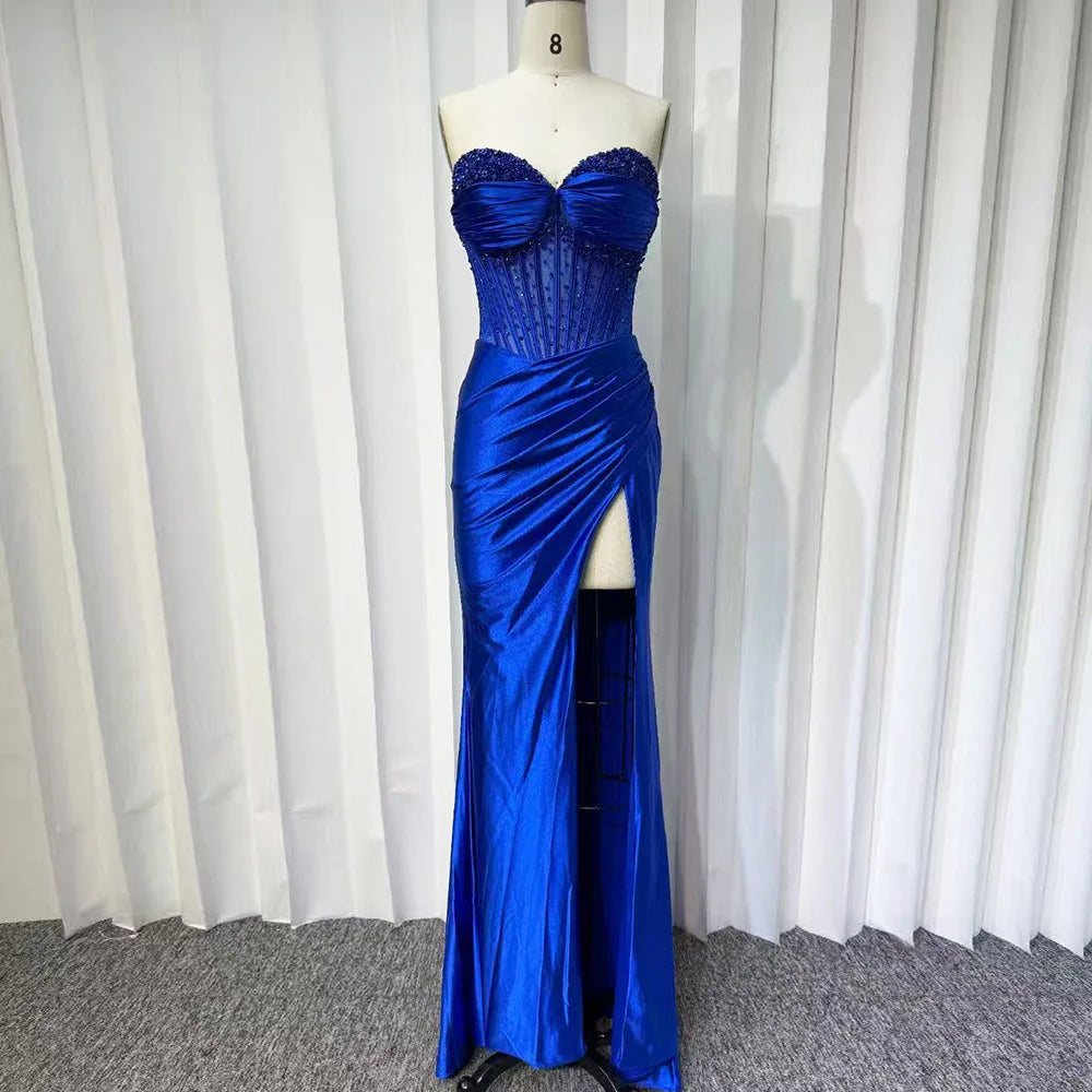 Satin Corset Slit Evening Gown
