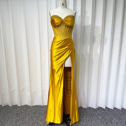 Satin Corset Slit Evening Gown