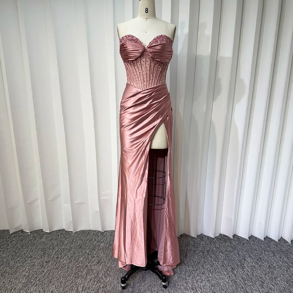 Satin Corset Slit Evening Gown
