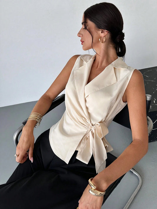  Satin Lapel Tie-Waist Sleeveless Top