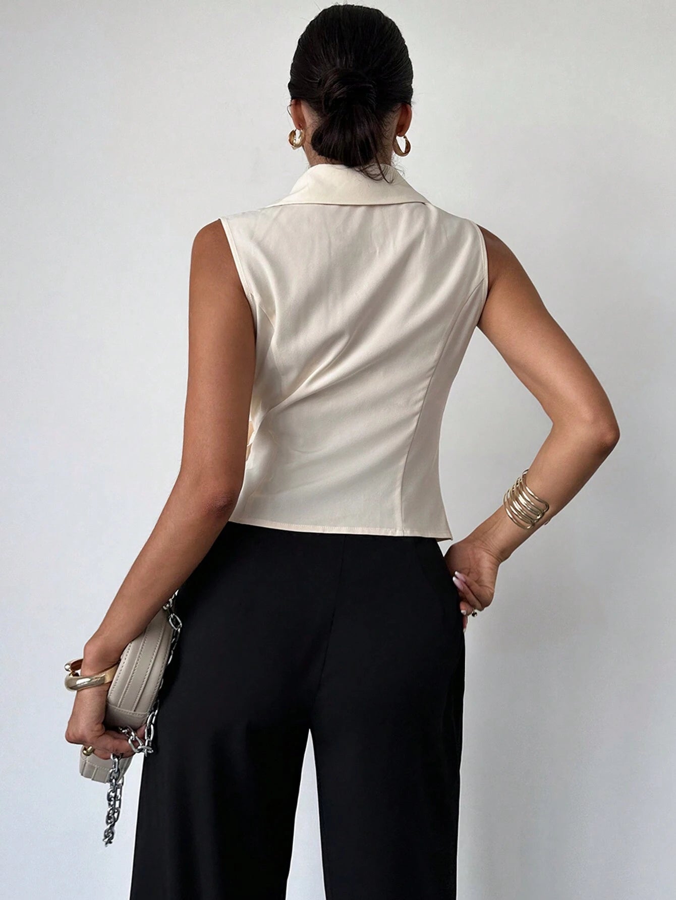  Satin Lapel Tie-Waist Sleeveless Top
