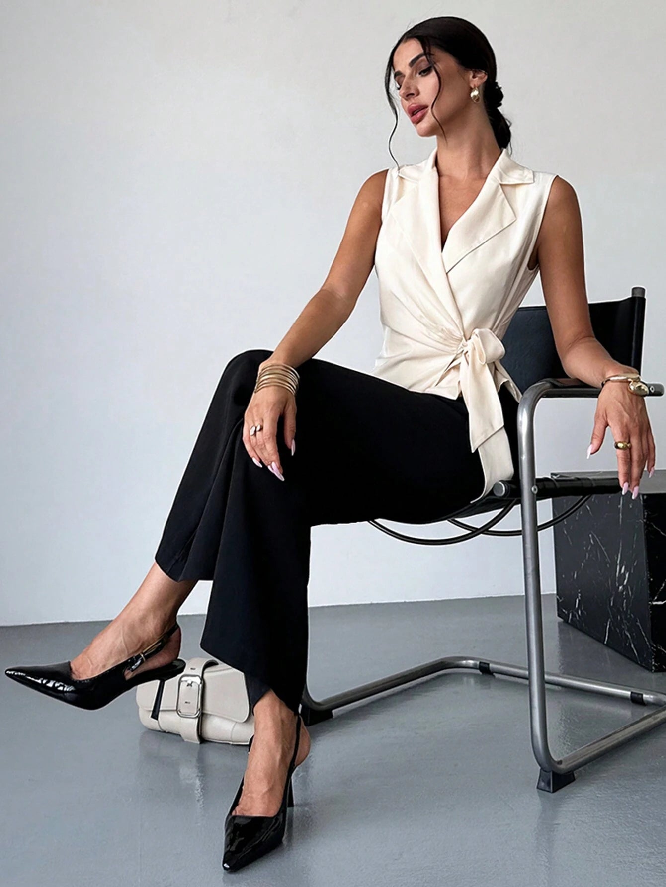  Satin Lapel Tie-Waist Sleeveless Top