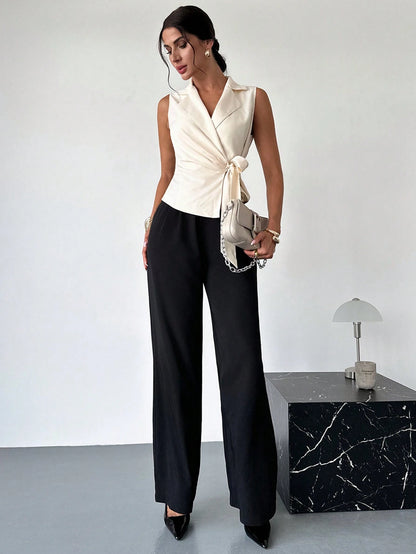  Satin Lapel Tie-Waist Sleeveless Top