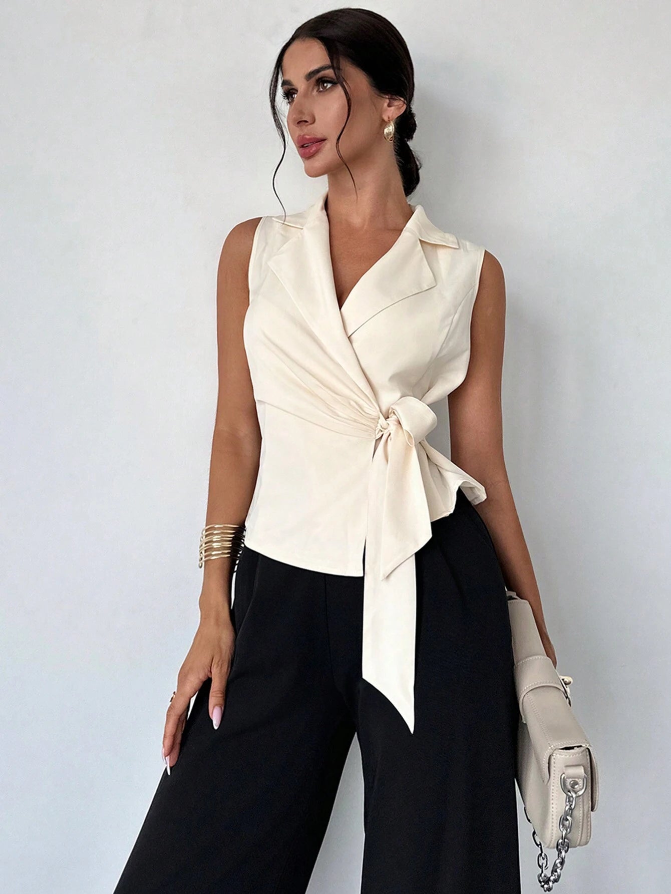  Satin Lapel Tie-Waist Sleeveless Top