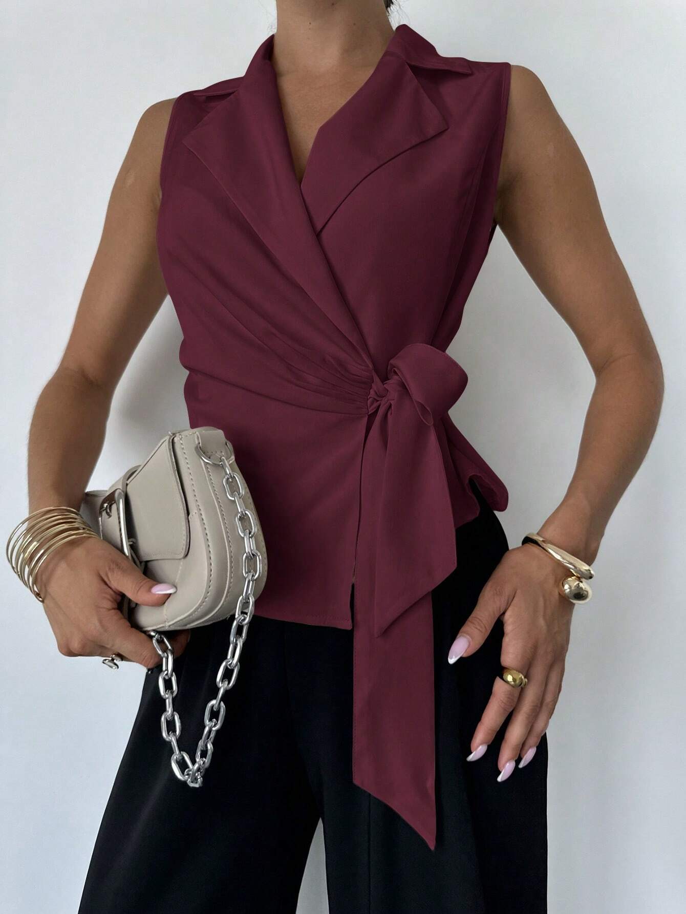  Satin Lapel Tie-Waist Sleeveless Top