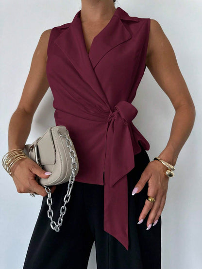  Satin Lapel Tie-Waist Sleeveless Top
