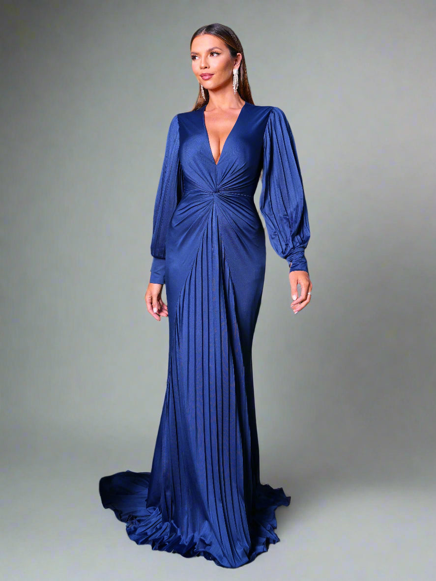 Satin Plunge Neck Long Sleeve Gown