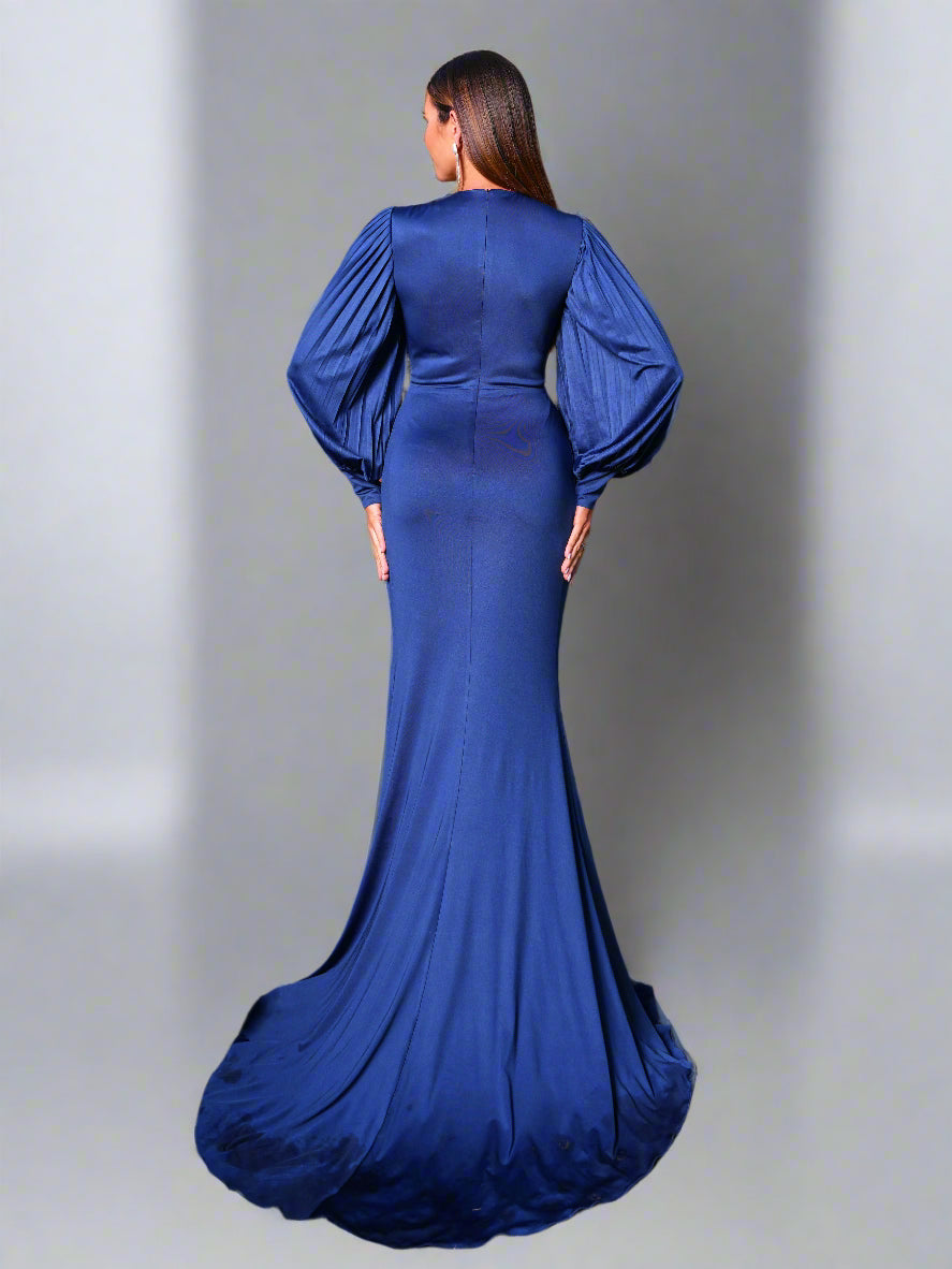 Satin Plunge Neck Long Sleeve Gown