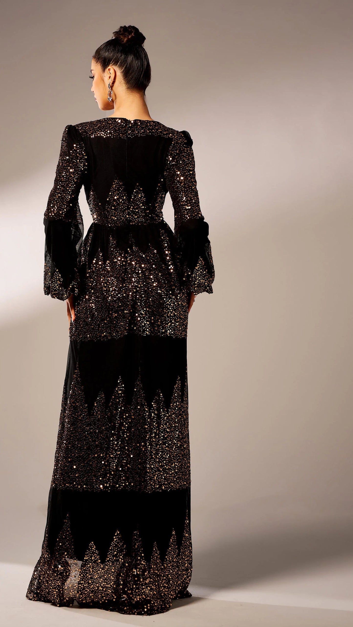 Sequin Bell Sleeve Slit Gown