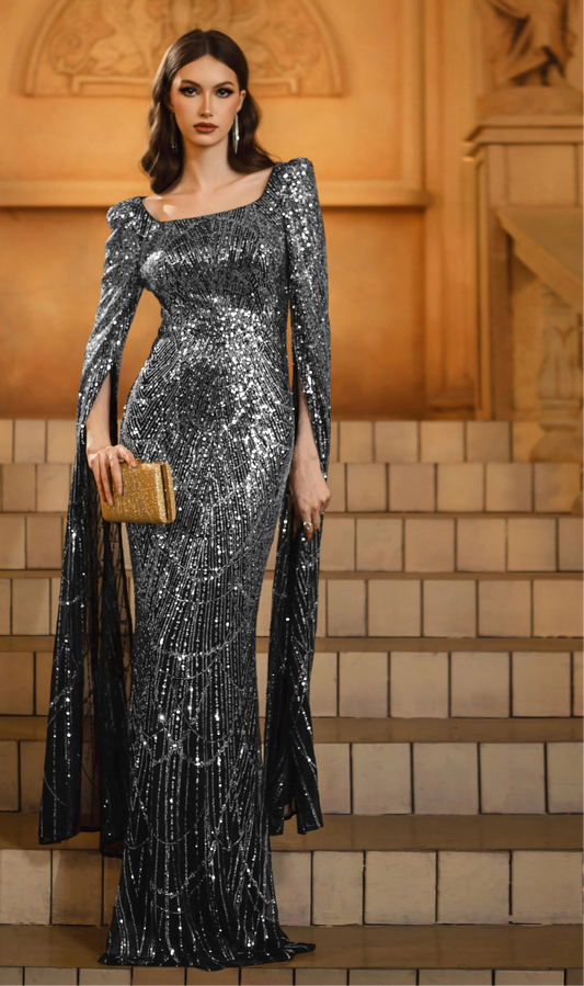 Sequin Cape Sleeve Formal Gown