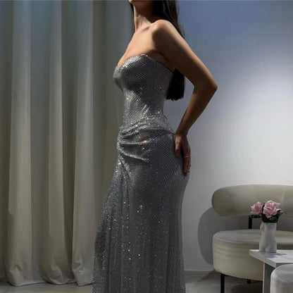 Silver Strapless Sequin Evening Gown Dress