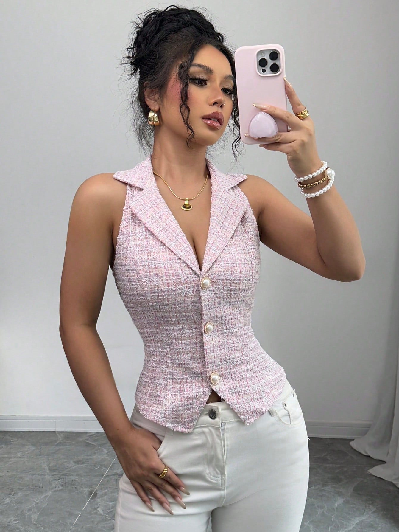 Sleeveless Tweed Pearl Button Waistcoat