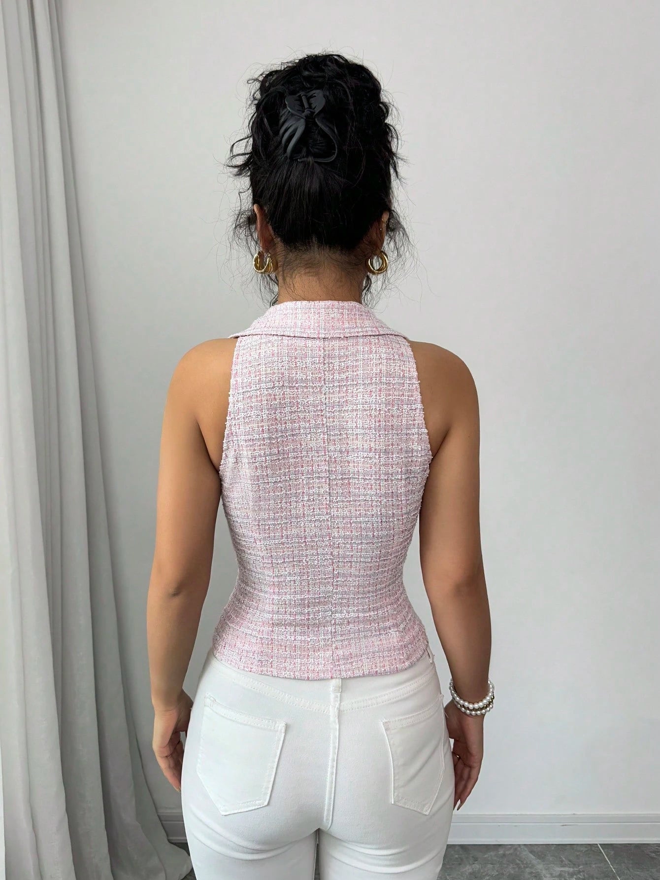 Sleeveless Tweed Pearl Button Waistcoat
