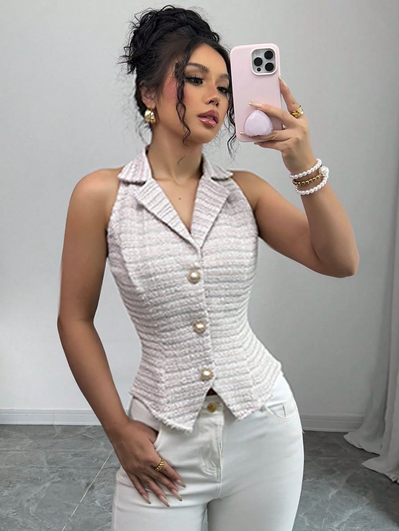 Sleeveless Tweed Pearl Button Waistcoat