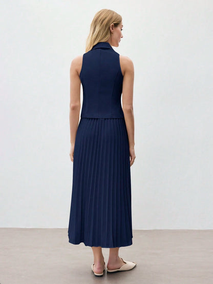 Sleeveless Waistcoat Pleated Skirt Set