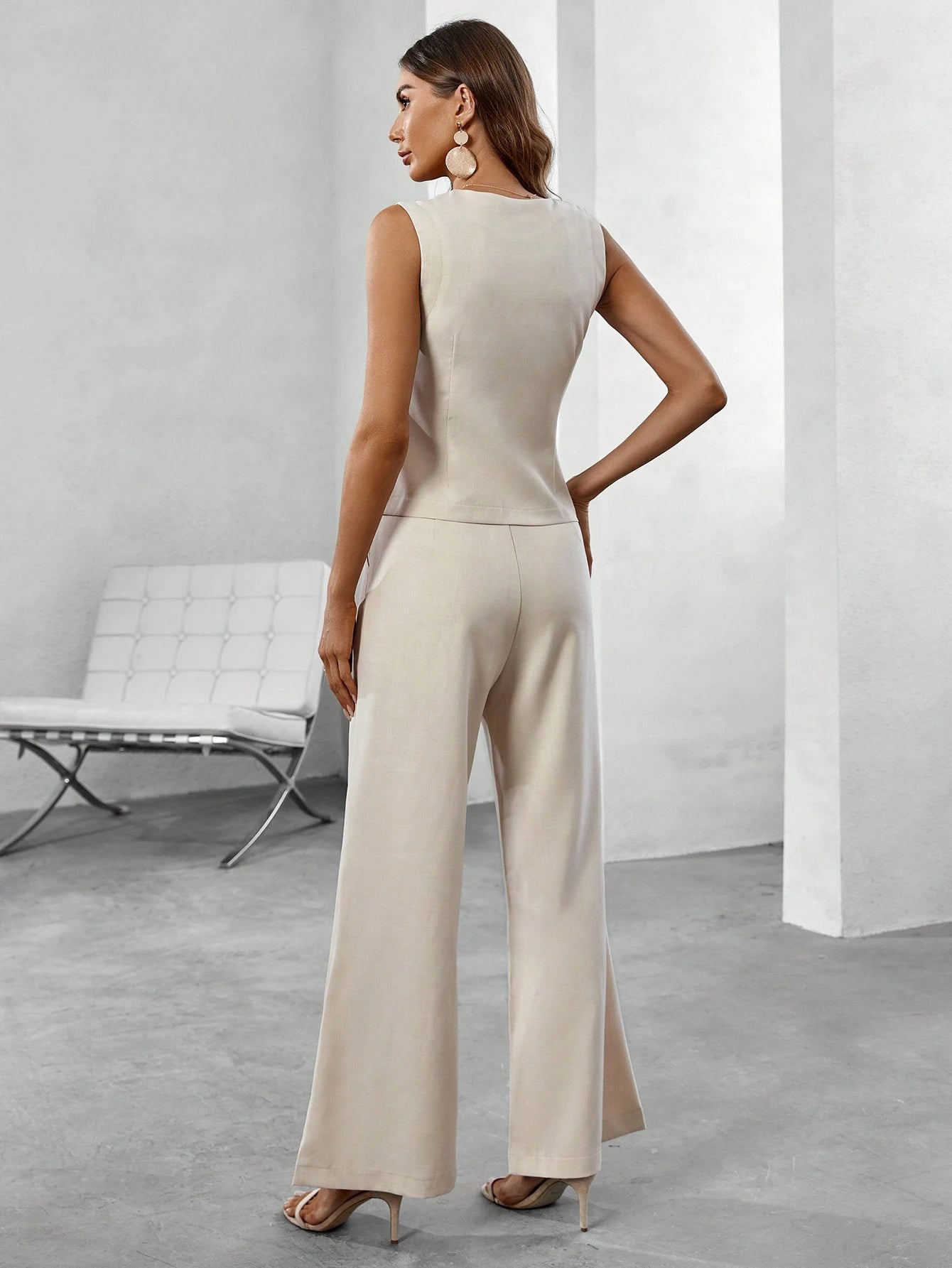  Sleeveless Waistcoat Wide Leg Pant Set