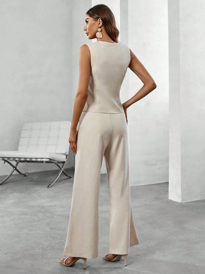  Sleeveless Waistcoat Wide Leg Pant Set