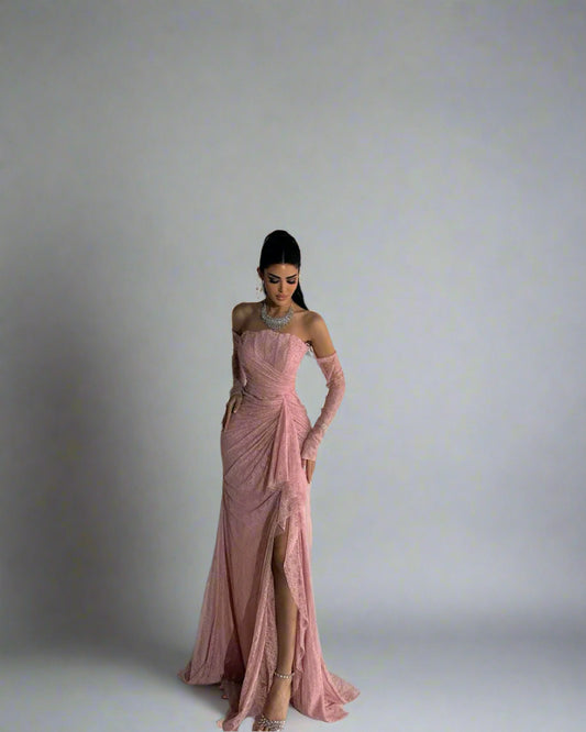 Strapless Gown with Ruched Draping & Slit