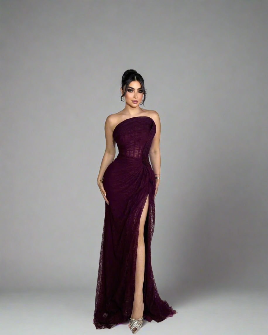 Strapless Plum Evening Gown with High Slit