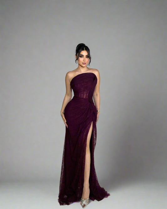 Strapless Plum Evening Gown with High Slit