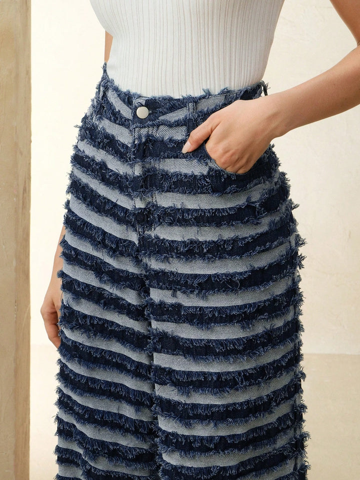 Striped Fringe Textured Wide Leg Trousers
