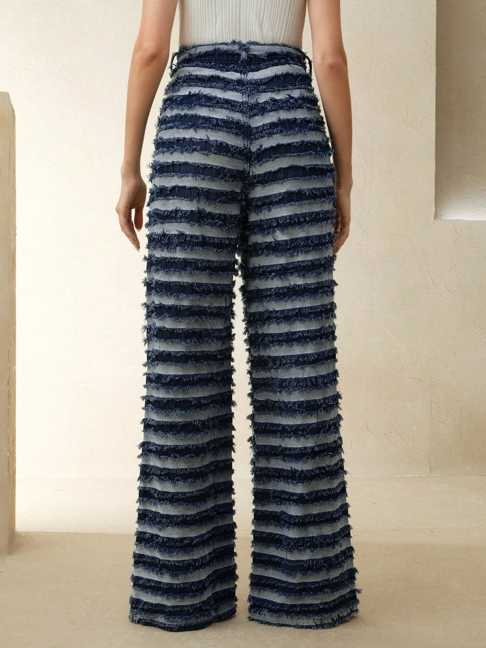 Striped Fringe Textured Wide Leg Trousers