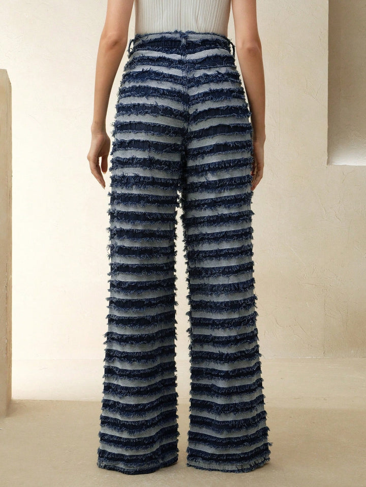 Striped Fringe Textured Wide Leg Trousers