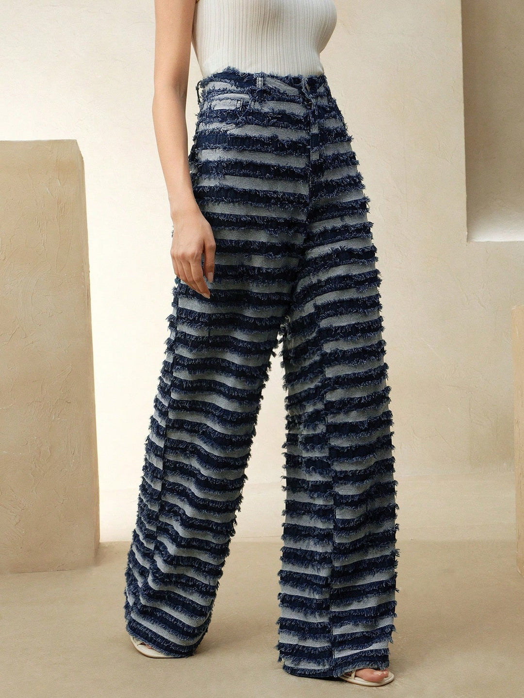 Striped Fringe Textured Wide Leg Trousers