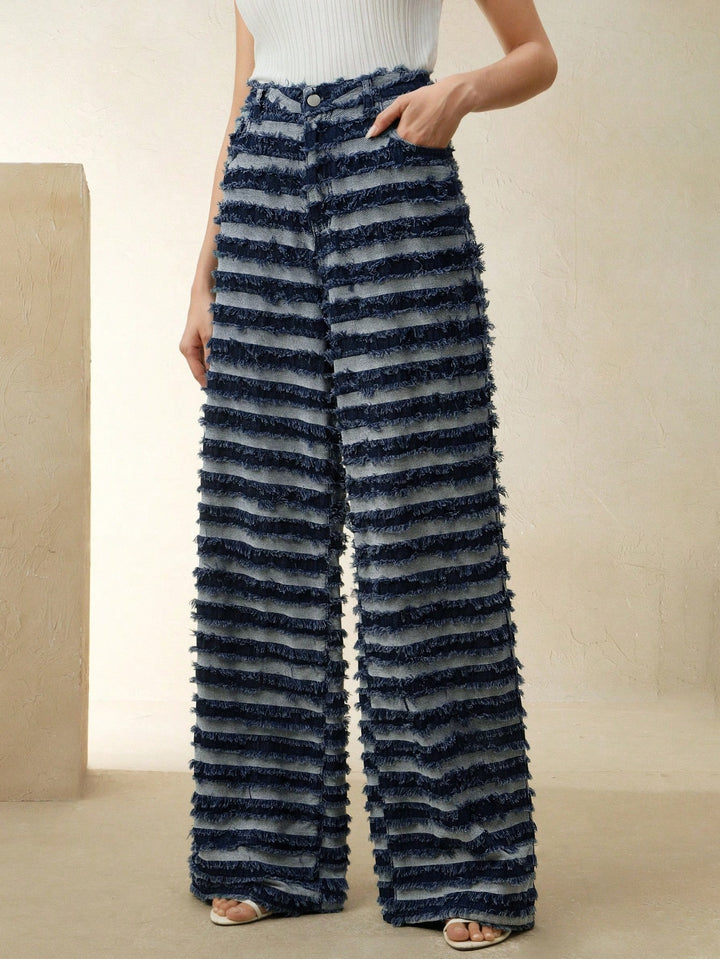 Striped Fringe Textured Wide Leg Trousers