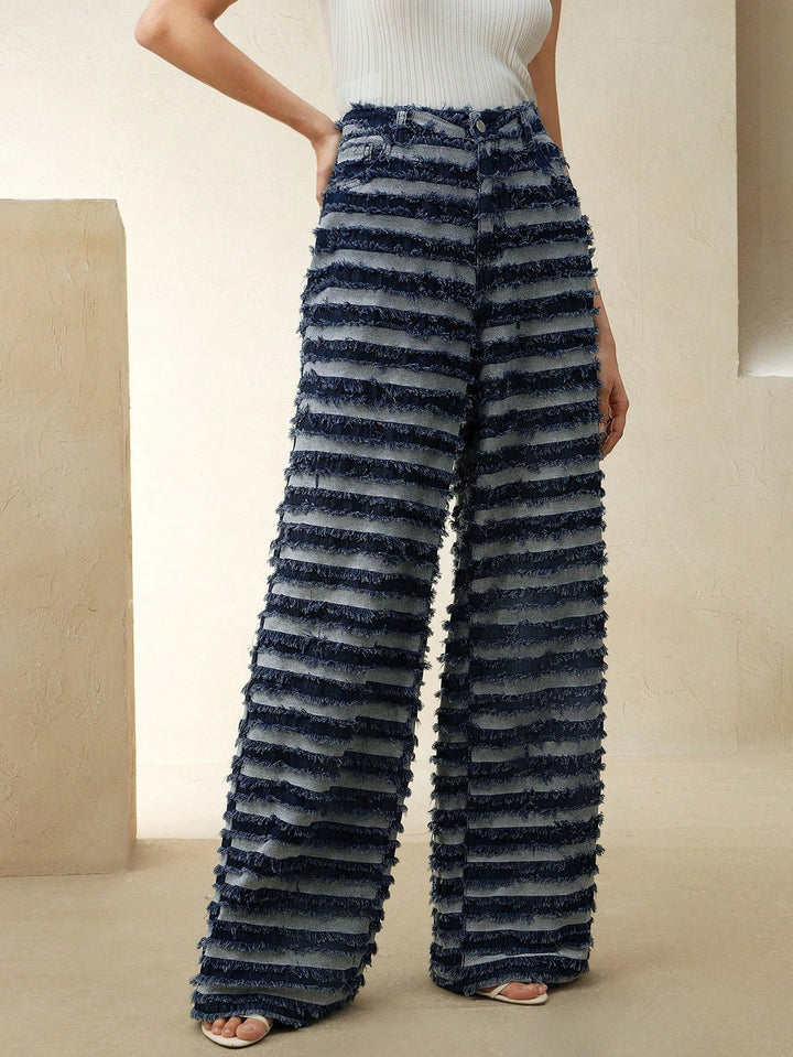 Striped Fringe Textured Wide Leg Trousers